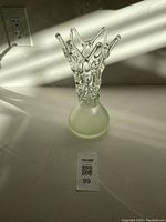 Full view of vintage hand blown lattice web crown glass vase, showing overall height and shape.