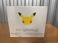 Front of sealed Pokemon TCG Celebrations Elite Trainer Box showing Pikachu 25 logo