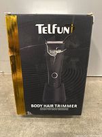 Photo of Telfun body hair trimmer packaging, showing front of box with product image and labeling.