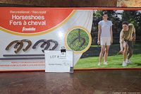Front of box showing Franklin Recreational Horseshoes kit with promotional image and product information.