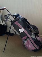 Side view of the ladies golf bag standing upright with stand deployed, showing multiple golf clubs inside.
