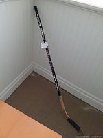 Titan Ultra Pro hockey stick standing vertically against a white wall, showing the full length, branding, and black hockey tape on blade and handle.