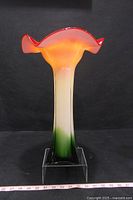 Full-height front view of the vase against black background on clear stand with scale at base.