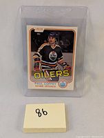 Photo of 1981 Paul Coffey Rookie Card in protective sleeve front view showing player in Edmonton Oilers uniform.