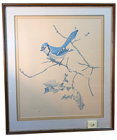 Framed print showing the full artwork of "The Blue Jay" with visible signature and frame.