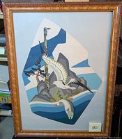 Full view of the framed print depicting salmon and birds on a totem design, showing the full gold ornate wooden frame.