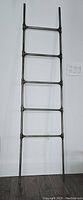 Full view of decorative ladder leaning against wall showing overall height and width with five horizontal rungs made from metal pipes.