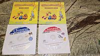 Set of two yellow-covered Chinese learning books and two CDs in paper sleeves for kids' flash cards, all placed on a stone surface under sunlight.