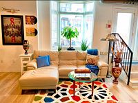 Styled living room with the carpet placed under a sectional sofa, glass coffee table, and plants near a window.