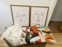 Photos of the two minimalist framed prints each with 20.5 x 16 inch dimension featuring abstract line face art, two boho style decorative pillows with zippered covers showing colorful abstract patterns including a bird and geometric shapes, and a white bed throw blanket with fringe edges.