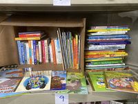 Photo showing multiple standing books on a shelf, including those in colorful covers arranged vertically and horizontally.