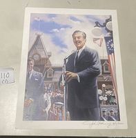 Full view of signed limited edition print featuring Walt Disney in front of a historic building with crowd and patriotic decorations.