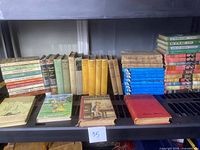 Wide view of the vintage children's book collection showing a variety of spines and covers on a shelf with notable series such as Hardy Boys and Bobsey Twins.