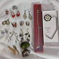 Full view of assorted costume jewelry with earrings, brooch, ring, bracelet, and handbag caddy