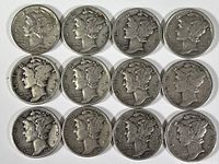 Front (obverse) views of 12 U.S. Mercury silver dimes arranged in four rows showing Liberty's winged cap profile in worn condition