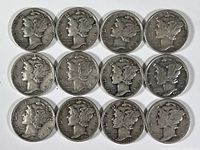 Obverse side view of 12 Mercury Silver dimes showing Liberty's profile with winged cap.