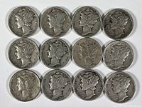 Obverse sides of 12 Mercury silver dimes laid flat in a grid, showing the Liberty portrait with winged cap.