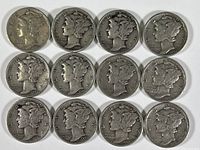 Front view of 12 Mercury silver dimes showing Liberty's portrait on obverse side, with noticeable wear and tarnish.