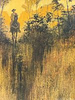 Close up of the horse and rider in the sunset scene showing brushwork and colors