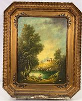 Full view of the framed oil painting depicting river scene with man and distant house
