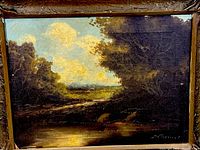 Frontal close-up of painting showing wooded stream under clouds and signature lower right