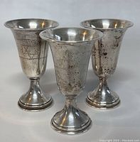 Front angle view of three vintage Judaica Kiddush cups showing engraved patterns and overall shape.