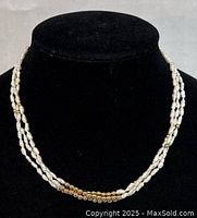 Front view of two-strand freshwater pearl necklace with gold bead accents displayed on black velvet bust.