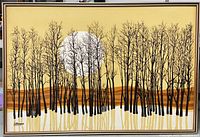 Full frontal view of framed abstract landscape painting with forest scene and large moon