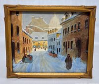 Full front view of framed watercolor showing snowy street scene and overall frame
