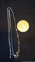 Full view of the silver tone chain necklace next to a coin for size reference.