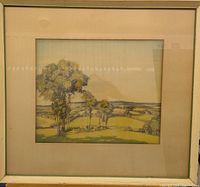 Photo showing the entire framed vintage wall art piece from a front angle with visible mat and frame.