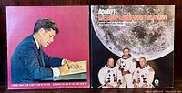 Front covers of JFK speech album and Apollo 11 Moon Landing album showing artwork and titles