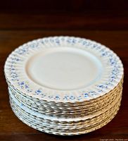 Stack of twelve white dinner plates with blue floral and gold trim on dark wood surface
