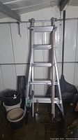 Full view of ladder with assorted rakes, tools and containers