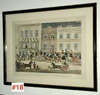 Framed 1828 coloured print depicting Gloucester Coffee House, Piccadilly. Shows scene with horse carriages, pedestrians, buildings and signage.