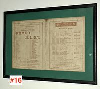 Framed antique Romeo and Juliet playbill showing full play and cast details.