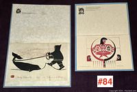 Both prints placed side by side, showing the Inuit print with figure and whale on the left and the Nootka bird motif print on the right