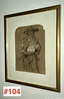 Framed antique sketch showing entire artwork and frame from an angled view, highlighting condition and presentation.