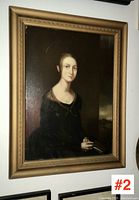 Full front view of framed oil portrait painting on wood panel