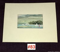 Full view of the matted watercolour "English Bay Sails" showing sailboats on water with hills in the background.