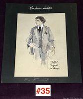 Full view of the costume sketch with black mat showing the male figure in a suit and glasses holding a sheet labeled Equus, Dysart, Mr. Newton.