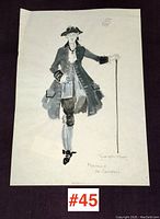 Full view of unframed costume sketch on white paper depicting an 18th-century dressed male figure with a cane, standing pose.