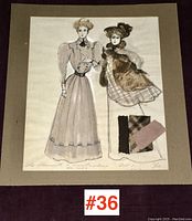 Full view of the unframed costume sketch featuring two women in period costumes with three fabric samples attached at the bottom right of the paper.