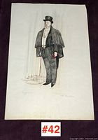 Full view of unframed costume sketch showing the entire figure and background on a white sheet of paper.