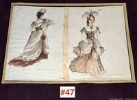 Two costume sketches displayed side by side, showing front and back views, framed under glass but unframed as a lot