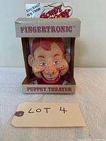 Front view of Howdy Doody Fingertronic Puppet Theater in original box, showing puppet head with painted details and display signage.