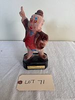 Front view of Phineas T. Bluster felt bank showing figure in brown jacket, red vest, and hat on black base with nameplate.