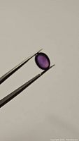 Oval purple amethyst cabochon held by tweezers, showing smooth polished surface and rich color