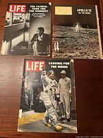 Three Life magazines featuring Ted Kennedy, Apollo 12 moon landing, and astronaut leaving for the moon.