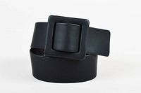 Black smooth leather belt with square buckle flat laid